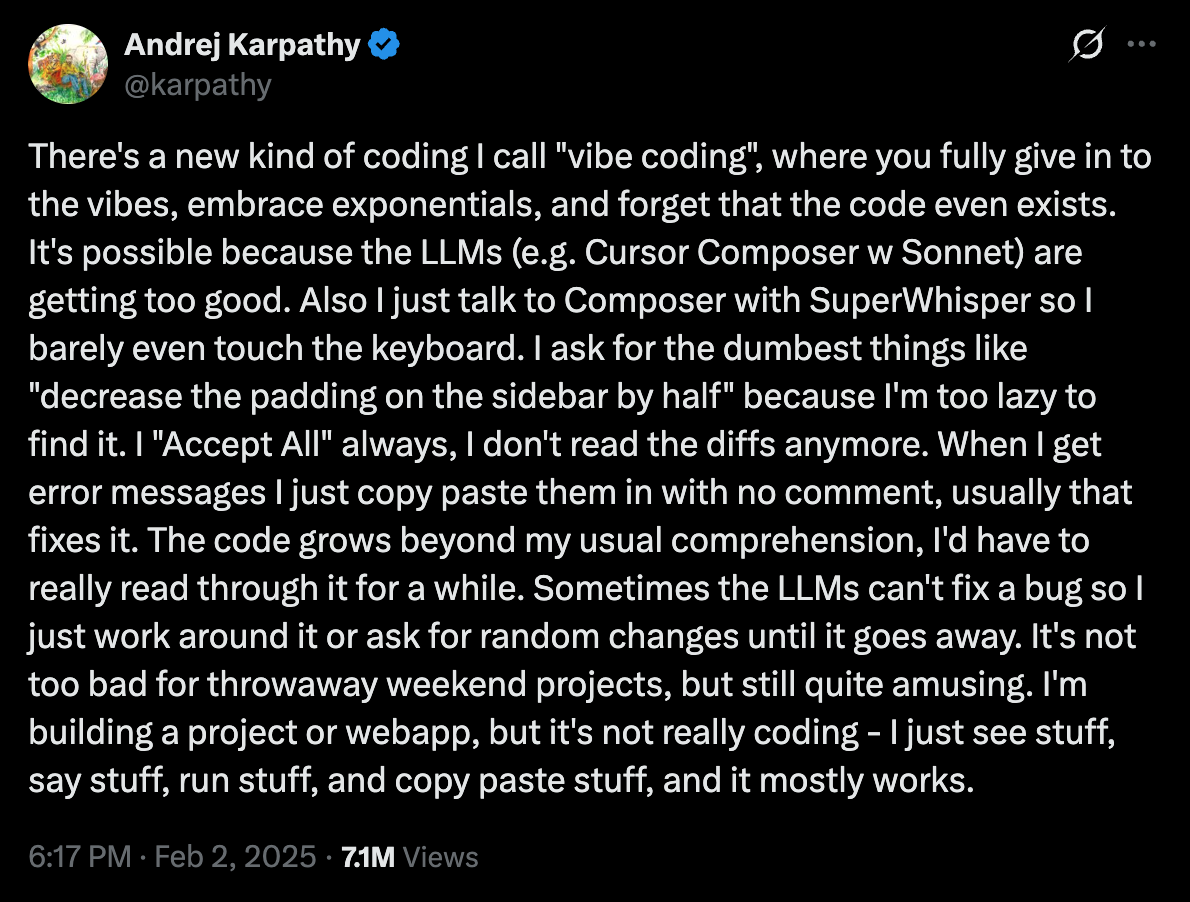 Andrej Karpathy on X, Feb 2, 2025: "There